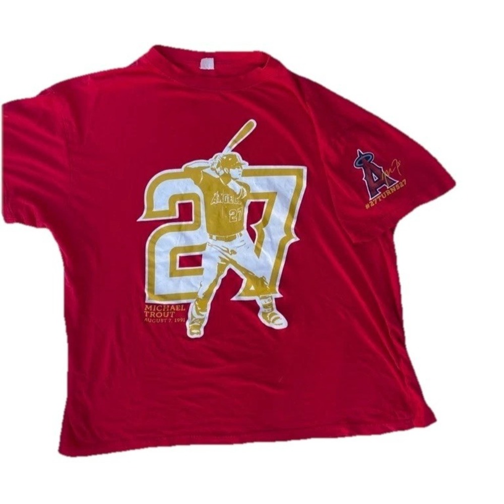 LA Angels Mike Trout 27th Birthday Red T-Shirt Adult L SGA 8/7/2018 #27Turns27
